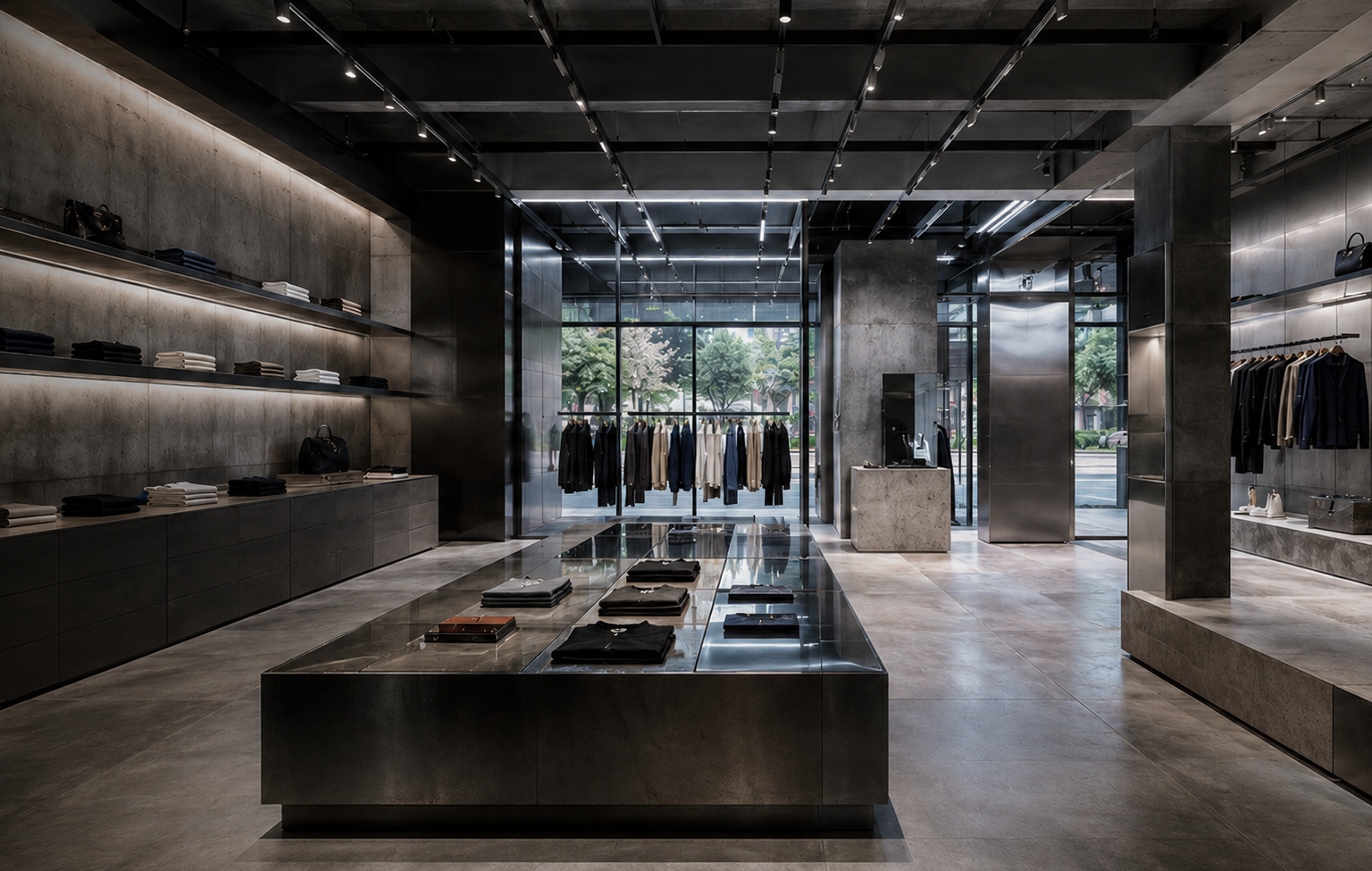 Dark contemporary fashion retail interior